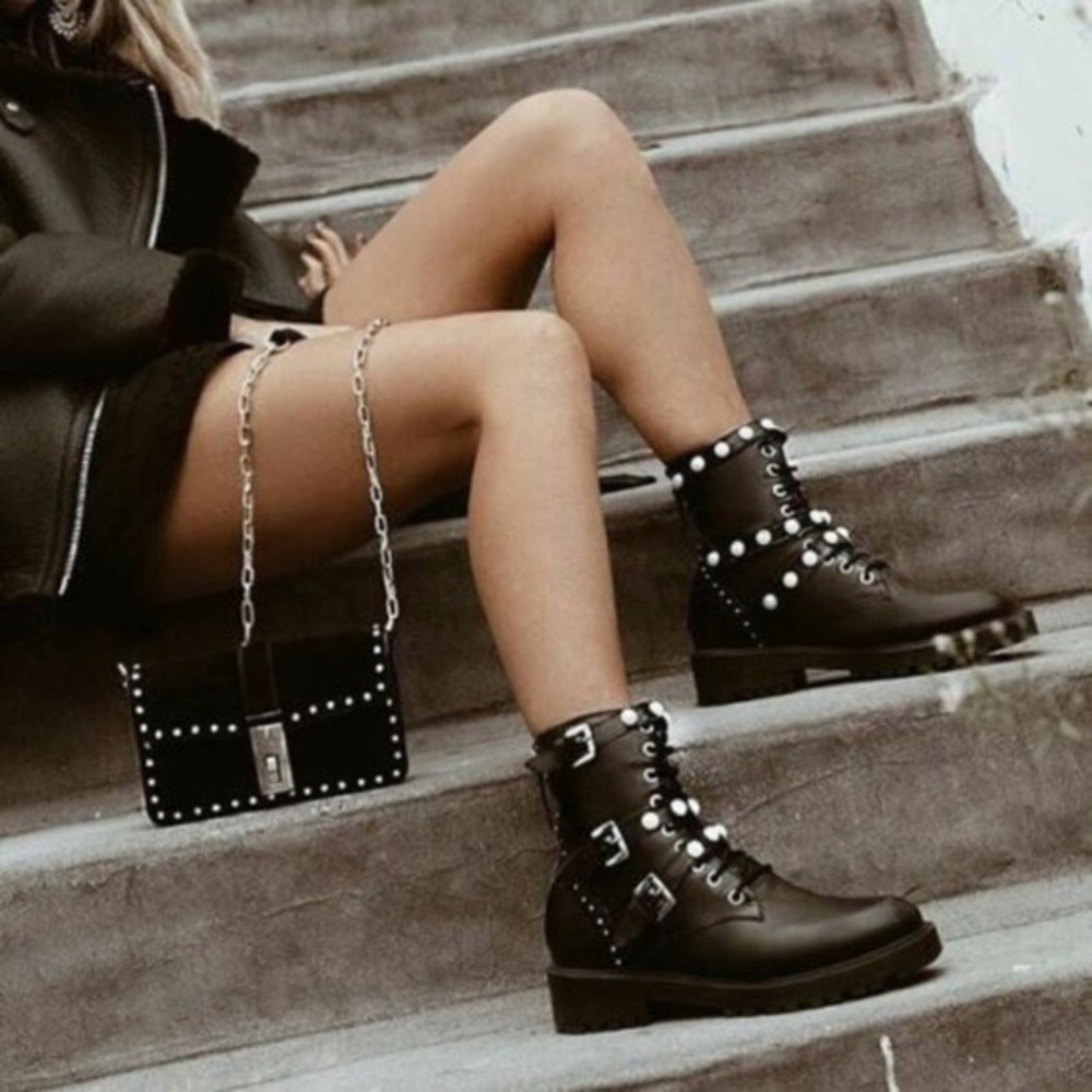 NWT Zara Genuine Leather Faux Pearl Ankle Combat Boots size US9 BLACK